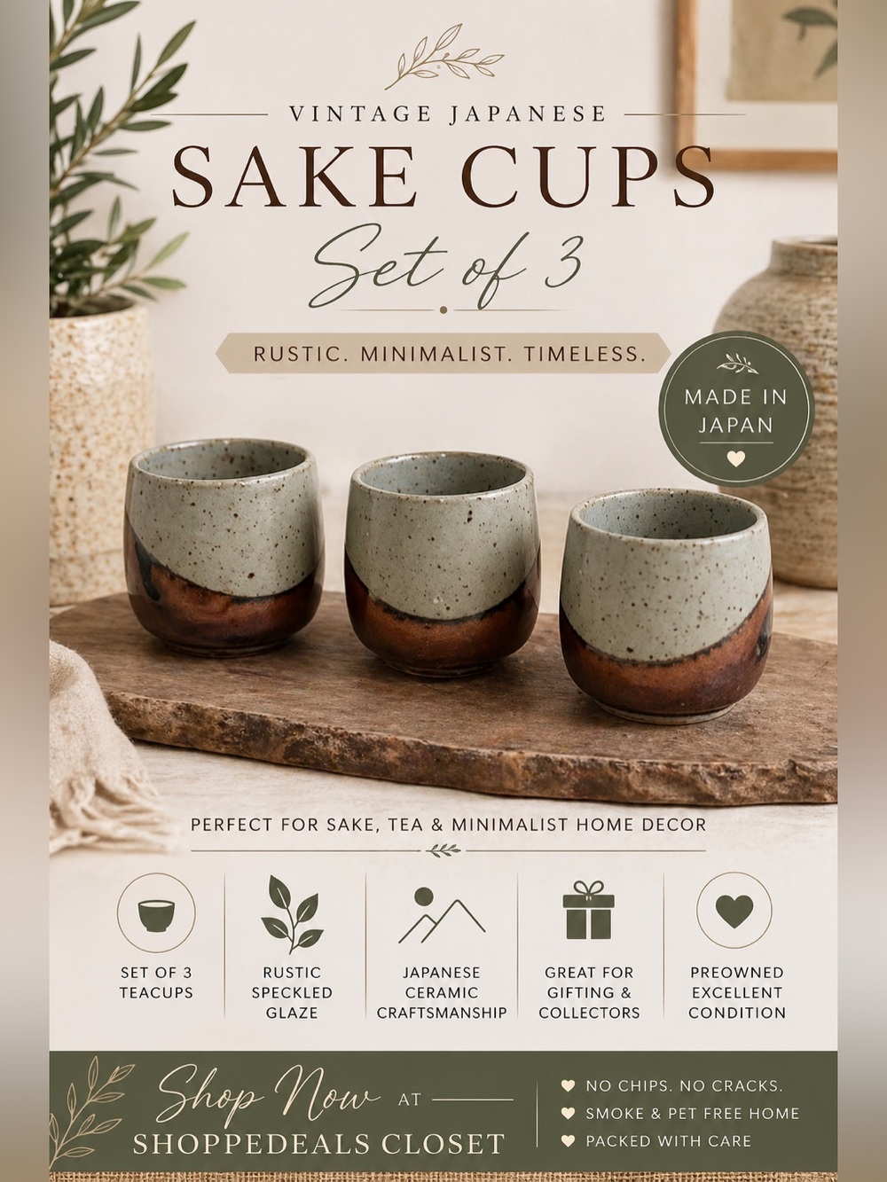 Vintage Japanese Ceramic Sake Cups Set of 3 – Rustic Speckled Teacups